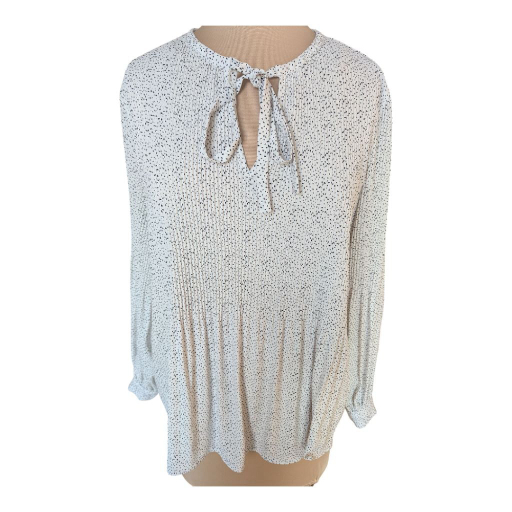 White & Black Polka Dot Pleated Long Sleeve Tie Neck Blouse Top Relaxed Flowy